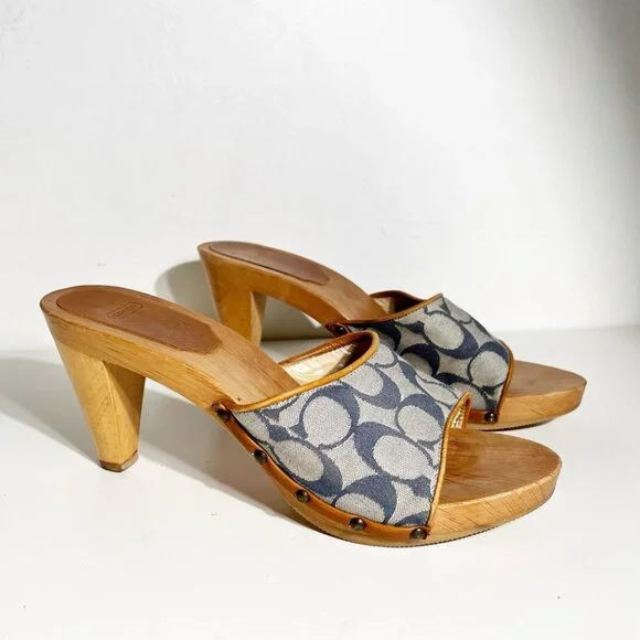 Vintage Coach Brenda Wooden Siganture Clog Blue Denim size 9 - Picture 2 of 9